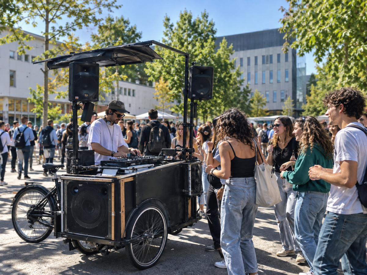 Le VéloSono, équipé de matériel de diffusion musicale, circulera ce jeudi sur le campus de Belle-Beille à l’occasion du Campus Day à Angers.