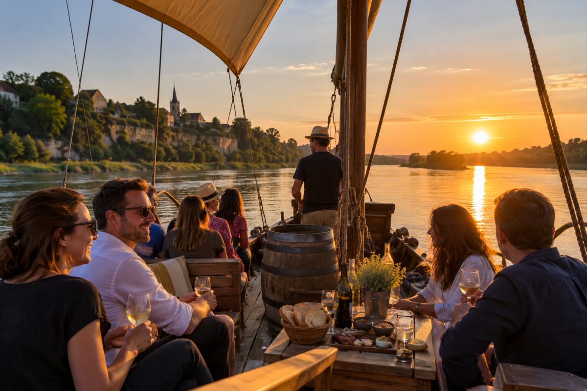 Un bateau traditionnel navigue sur la Loire au départ de La Possonnière, dans le Maine-et-Loire.