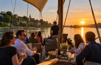 Un bateau traditionnel navigue sur la Loire au départ de La Possonnière, dans le Maine-et-Loire.
