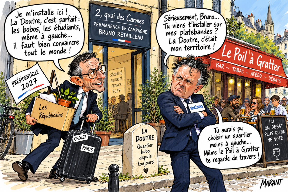 Dans La Doutre à Angers , Bruno Retailleau vient d’installer sa permanence présidentielle au 2, quai des Carmes, juste à côté du « Poil à Gratter ». De quoi inspirer une petite querelle de voisinage avec Christophe Béchu. -- Dessin de presse : Marant