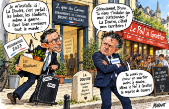 Dans La Doutre à Angers , Bruno Retailleau vient d’installer sa permanence présidentielle au 2, quai des Carmes, juste à côté du « Poil à Gratter ». De quoi inspirer une petite querelle de voisinage avec Christophe Béchu. -- Dessin de presse : Marant