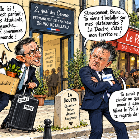Dans La Doutre à Angers , Bruno Retailleau vient d’installer sa permanence présidentielle au 2, quai des Carmes, juste à côté du « Poil à Gratter ». De quoi inspirer une petite querelle de voisinage avec Christophe Béchu. -- Dessin de presse : Marant