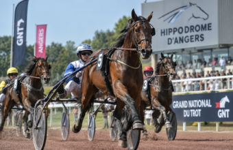 Grand National du Trot à Angers avec les chevaux et drivers sur la piste de l'hippodrome d'Angers-Écouflant