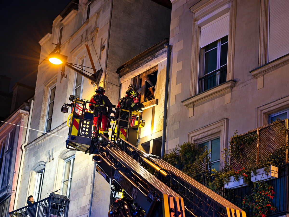 Credit Angers Info - Rue Baudrière à Angers, les pompiers sont intervenus lundi soir pour sécuriser la façade fragilisée d’un immeuble ancien à pans de bois.