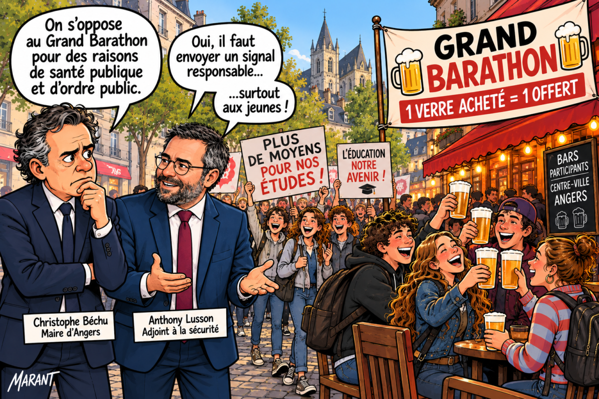 À Angers, Marant croque le paradoxe entre la mobilisation des lycéens, les revendications étudiantes et la polémique autour du Grand Barathon.
