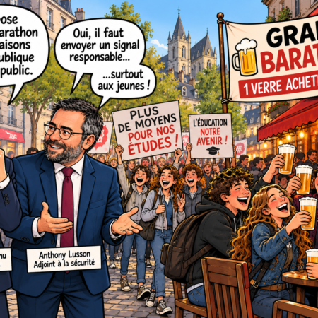 À Angers, Marant croque le paradoxe entre la mobilisation des lycéens, les revendications étudiantes et la polémique autour du Grand Barathon.